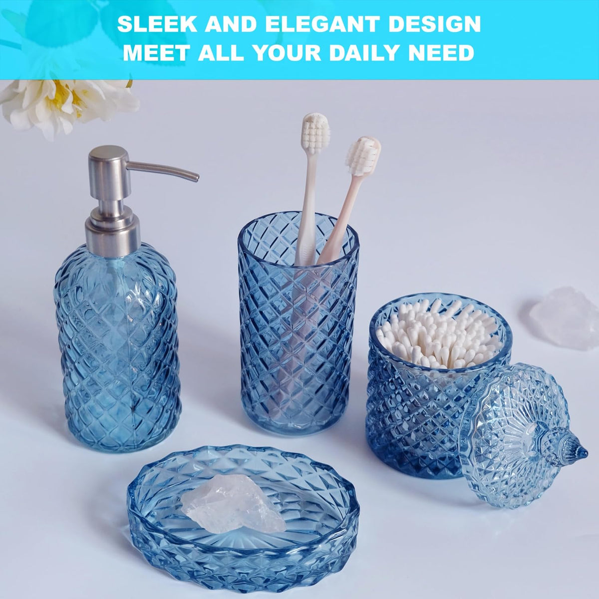 LaMarriti Blue Bathroom Accessories Set, 4Pcs Clear Glass Bathroom Set