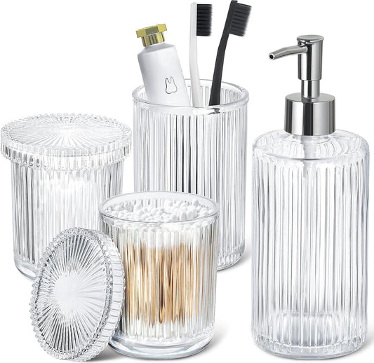 RYTOXILO Bathroom Accessories Set, 4 Pack Clear Glass Bath Accessory Sets Complete, Ribbed Soap Dispenser and Toothbrush Holder Set with 2 Qtip Holders, Modern Sliver Bathroom Counter Decor