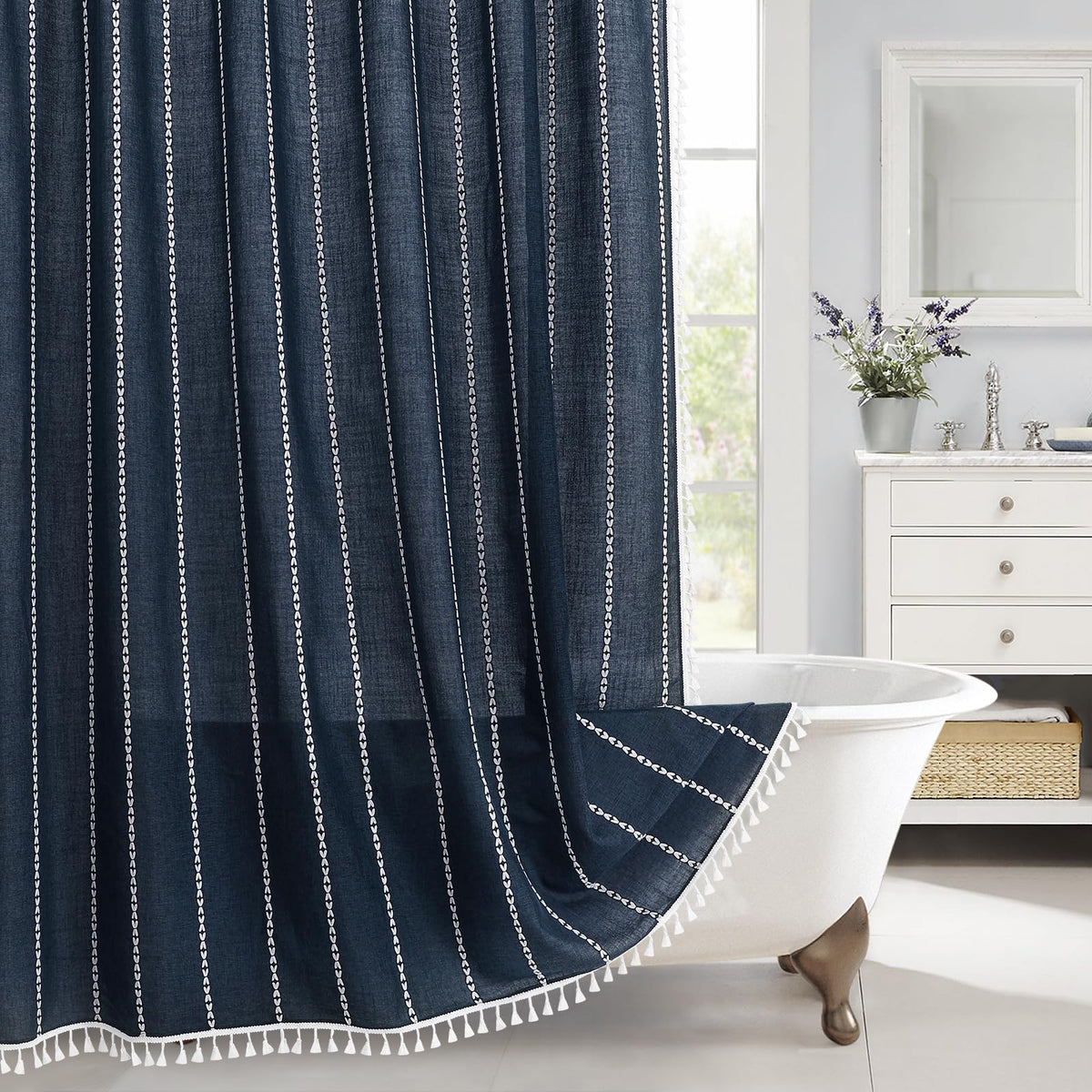 Boho Farmhouse Tassel Linen Shower Curtain,3D Embroidery Stripe Blue,72x72