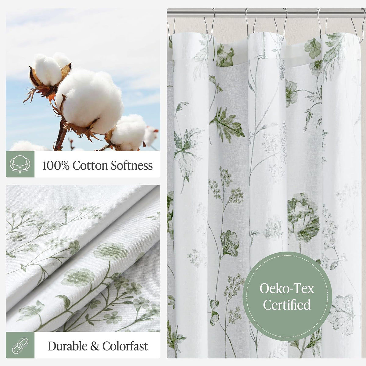 Martha Stewart 100% Cotton Floral Shower Curtain, 72 x 72, Sage Green
