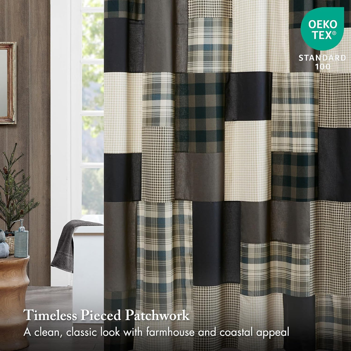 Woolrich Winter Hills 100% Cotton Shower Curtain, Cabin Lodge Plaid Pieced Design, Farmhouse Bathroom Decor, Machine Washable, Fabric Privacy Screen 72x72, Tan/Blue