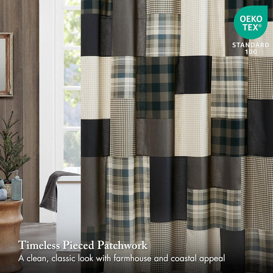 Woolrich Winter Hills 100% Cotton Shower Curtain, Cabin Lodge Plaid Pieced Design, Farmhouse Bathroom Decor, Machine Washable, Fabric Privacy Screen 72x72, Tan/Blue
