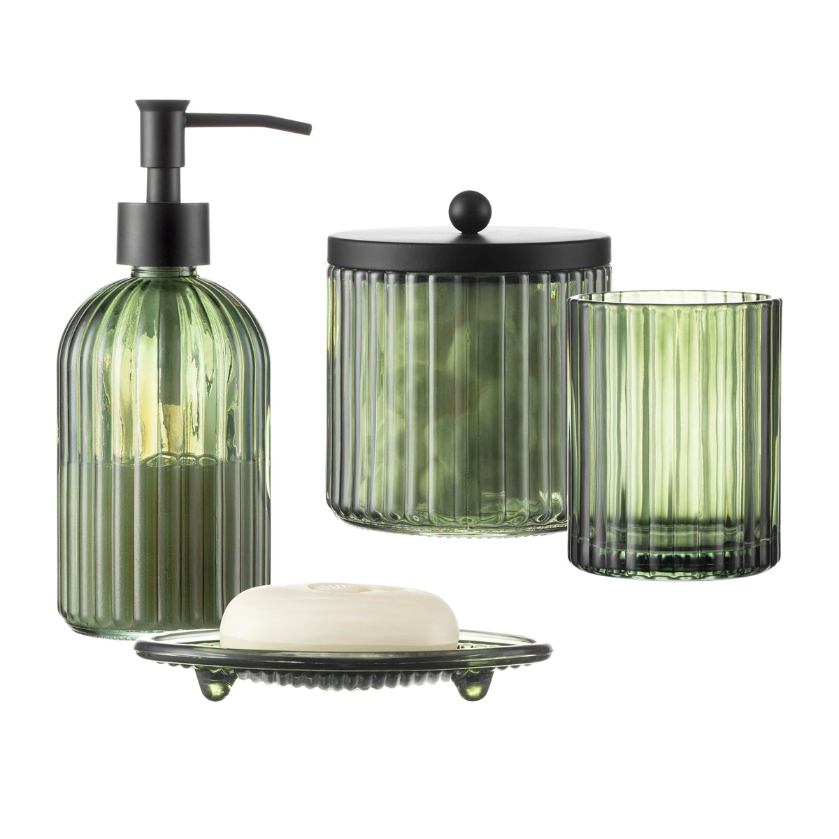 4PCs Heavy Weight Decent Glass Bathroom Accessories Set with Decorative Pressed Pattern - Includes Hand Soap Dispenser & Tumbler & Soap Dish & Toothbrush Holder (Brown)