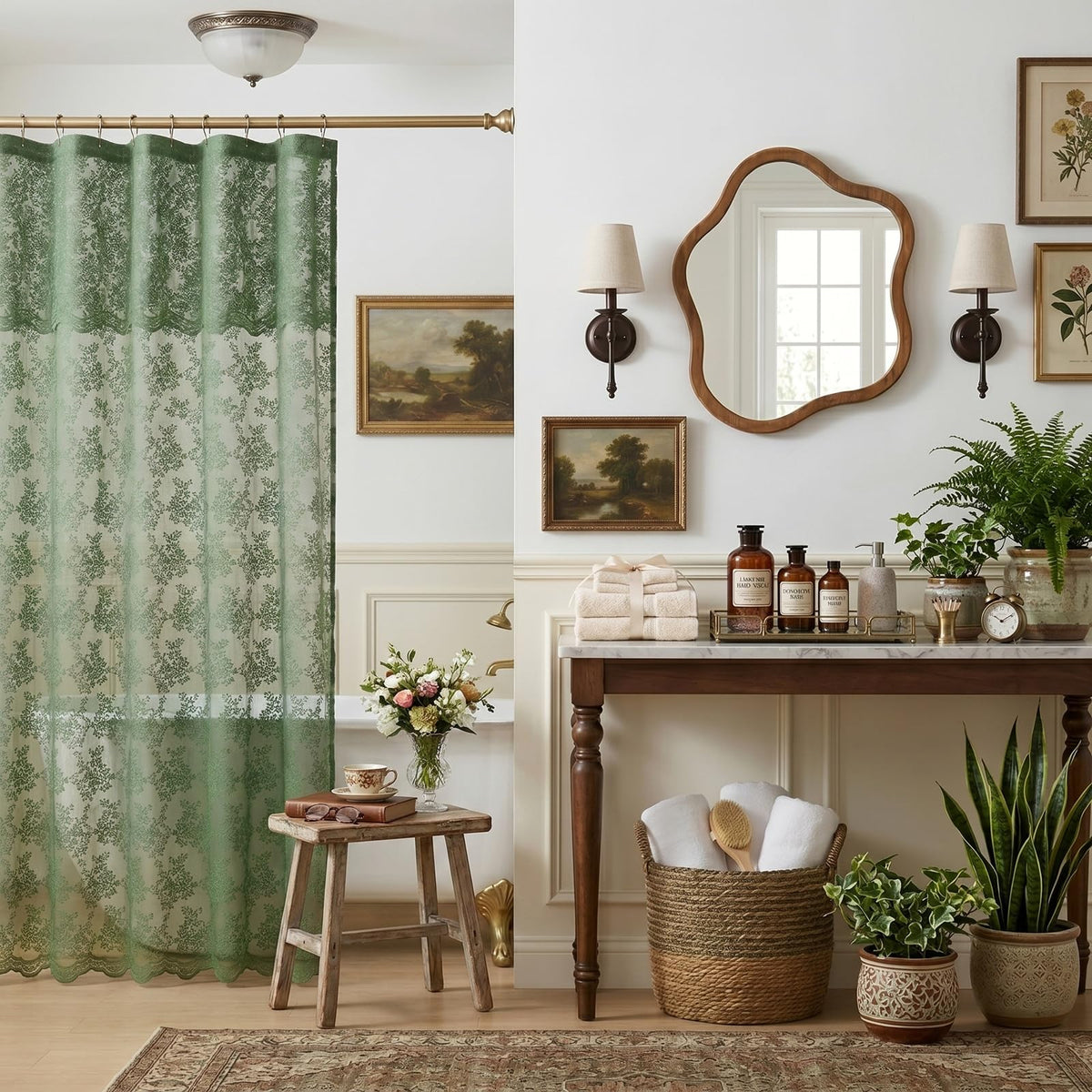 Ivory Lace Shower Curtain 72x72, Vintage Shabby Chic with Attached Valance