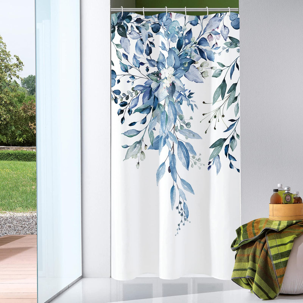 Gibelle Olive Green Eucalyptus Shower Curtain, Floral Print, 72x72