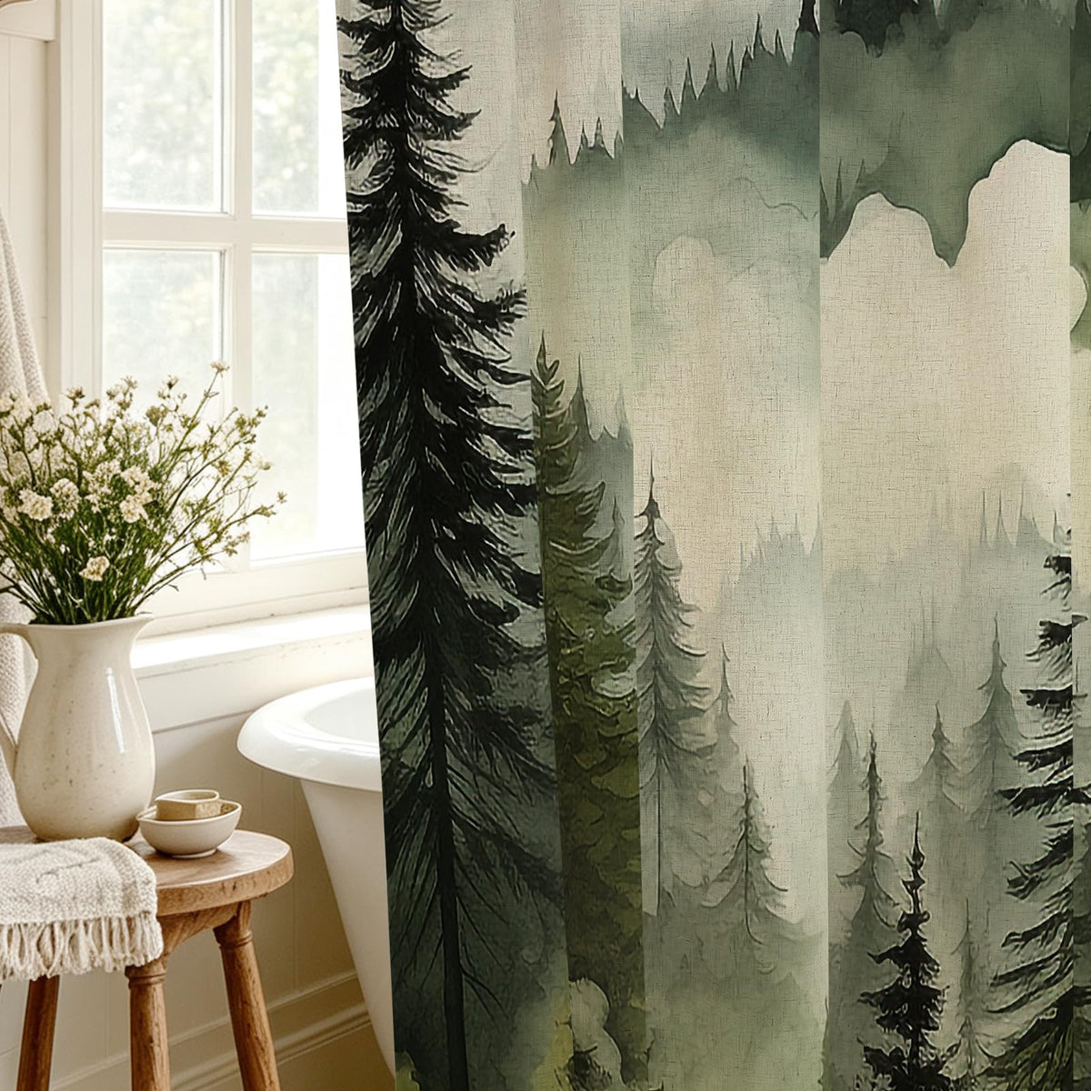 Dark Green Pine Forest Shower Curtain, Misty Woodland, 72 x 72 Inches