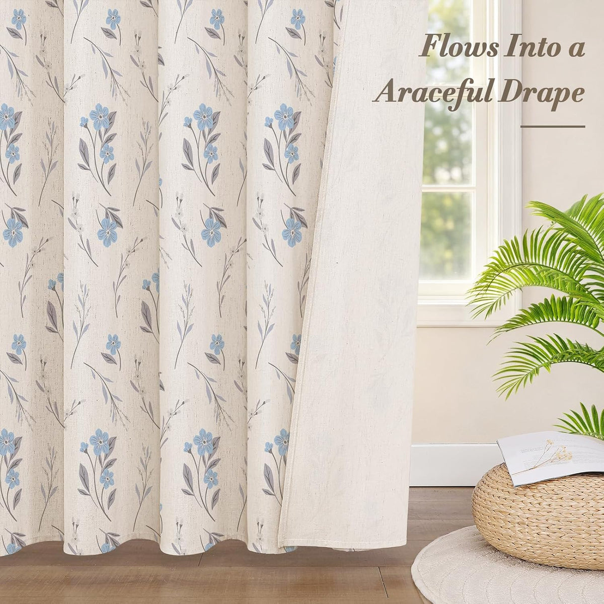 Blue Linen Farmhouse Shower Curtain, Vintage Boho Floral 72x72