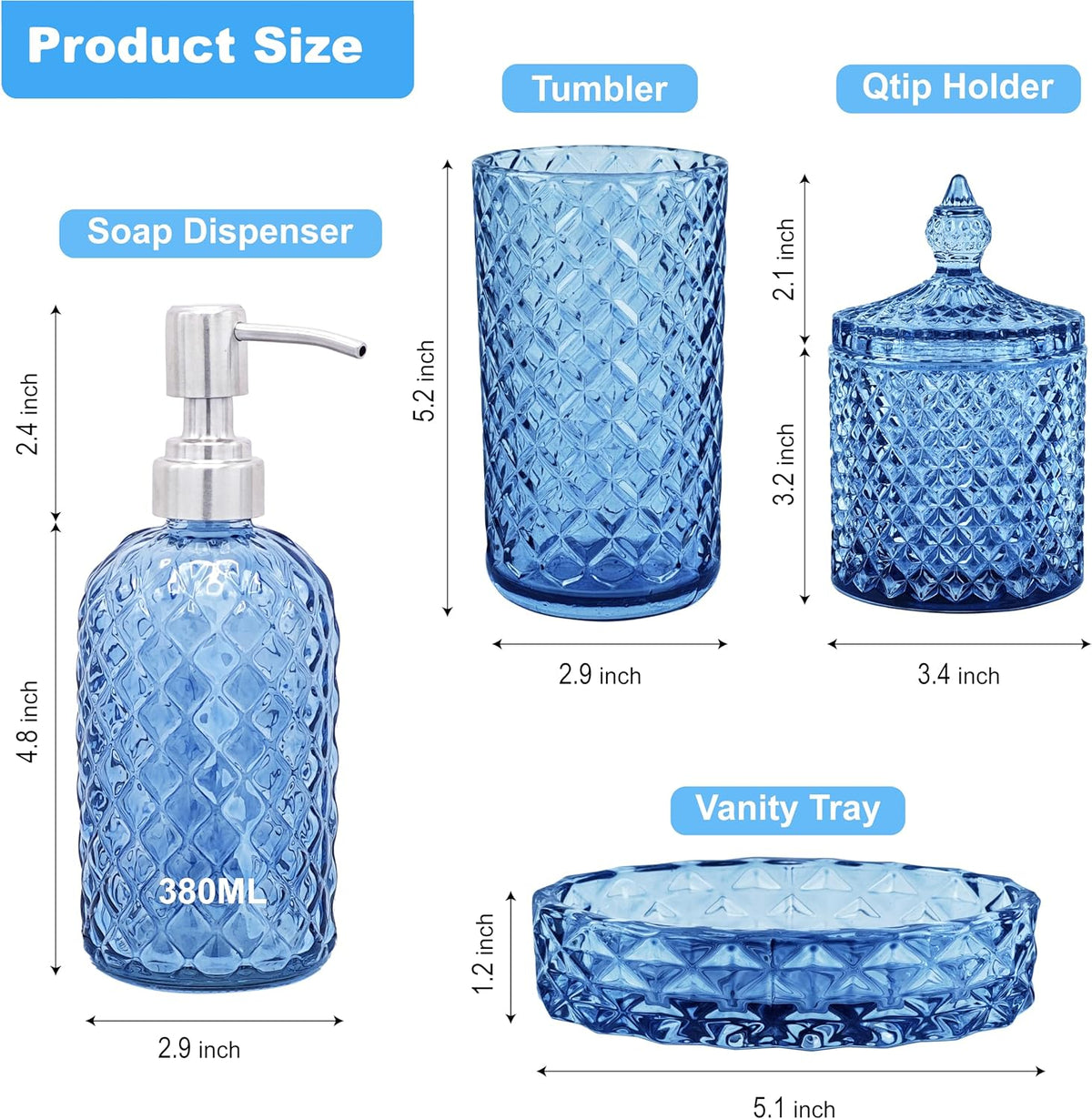 LaMarriti Blue Bathroom Accessories Set, 4Pcs Clear Glass Bathroom Set