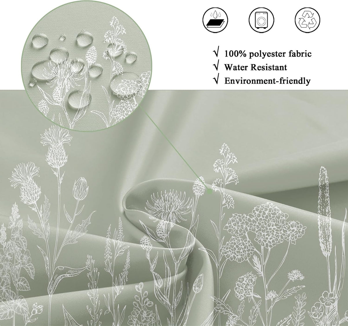 Sage Green Floral Wildflower Plant Herbs Nature Bathroom Shower Curtain Set