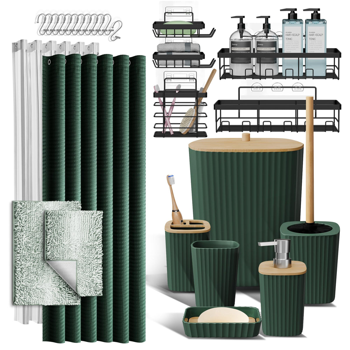 Clara Clark Black Bathroom Set, Shower Curtain Set, Bathroom Accessory Set