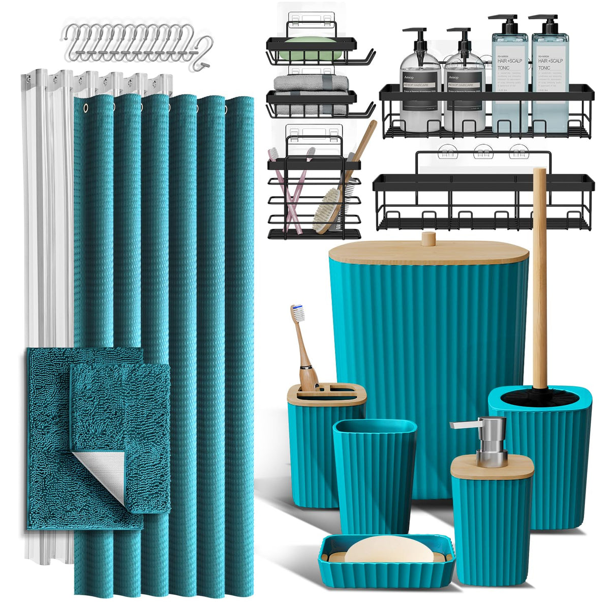 Clara Clark Black Bathroom Set, Shower Curtain Set, Bathroom Accessory Set