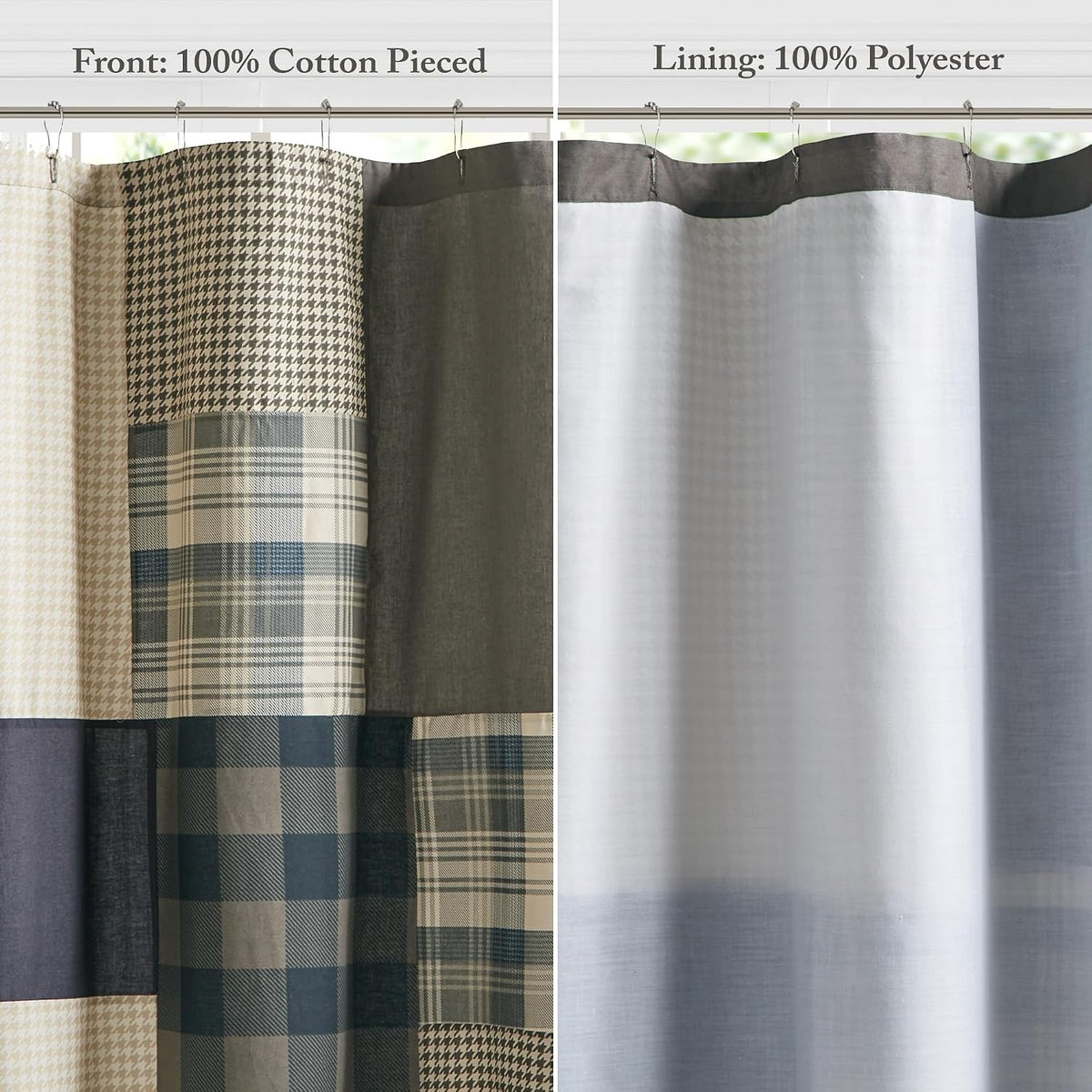 Woolrich Winter Hills 100% Cotton Shower Curtain, Cabin Lodge Plaid Pieced Design, Farmhouse Bathroom Decor, Machine Washable, Fabric Privacy Screen 72x72, Tan/Blue