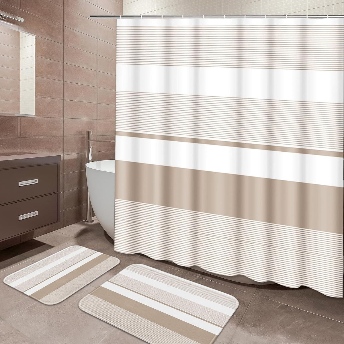 ArtSocket Bathroom Set of 3, Shower Curtain and Bath Rugs Beige Striped