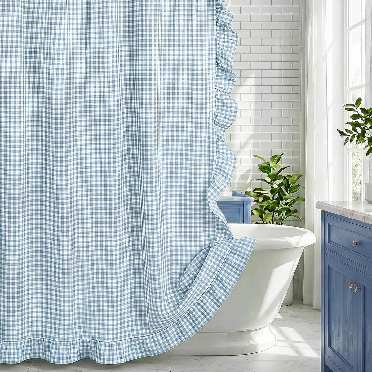 HunnmingRe Ruffle Hem Gingham Shower Curtain Sage Green
