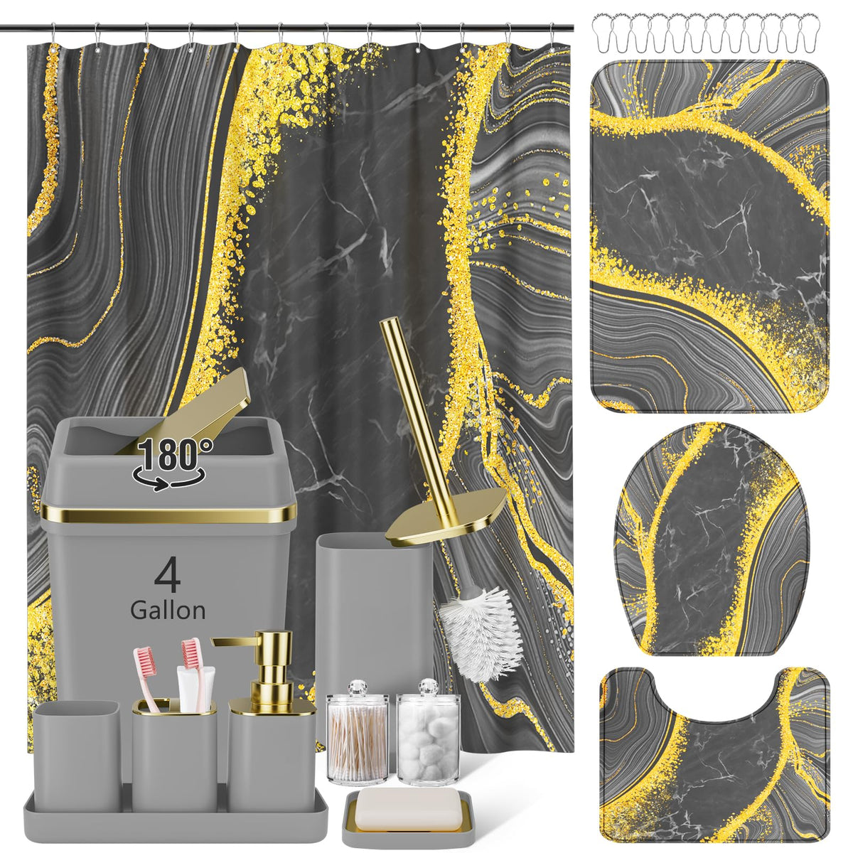 Pink Bathroom Set, 9-Piece Accessories with 4-Gallon Swing-Top Trash Can