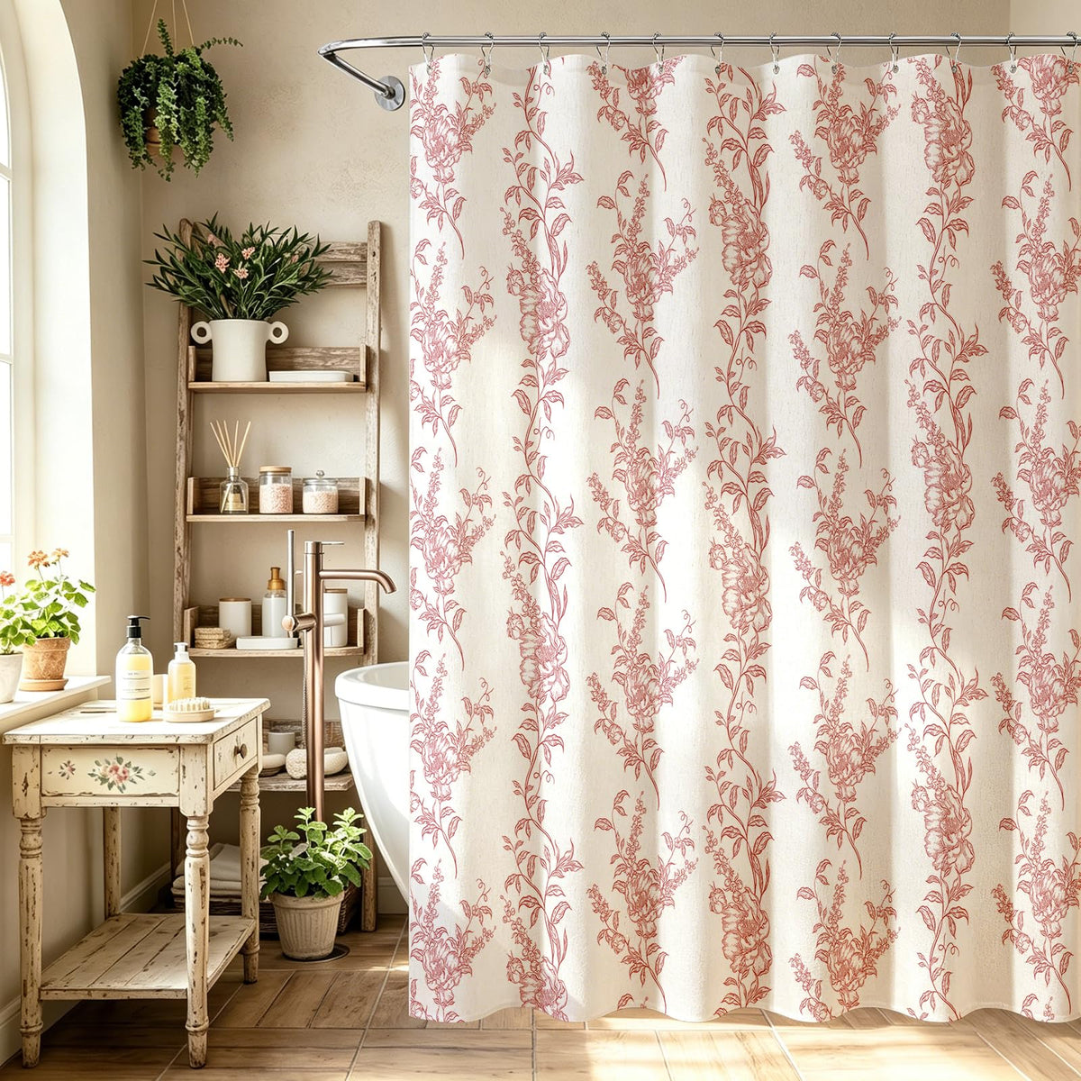 Sage Linen Farmhouse Shower Curtain, Boho Floral Bathroom 72x72
