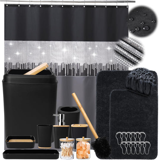 XLHOMO Bathroom Sets with Shower Curtain and Rugs,24PCS Black Bathroom Set Shower Curtain Set with Bathroom Trash Can Bathroom Accessories