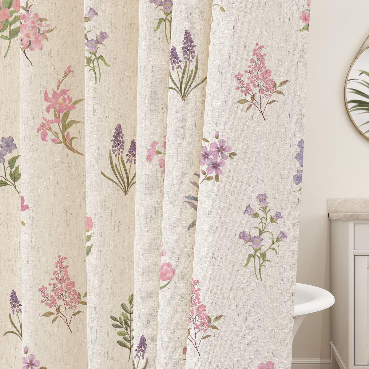 Floral Linen Shower Curtain, Spring Vintage Farmhouse Style, 72x72
