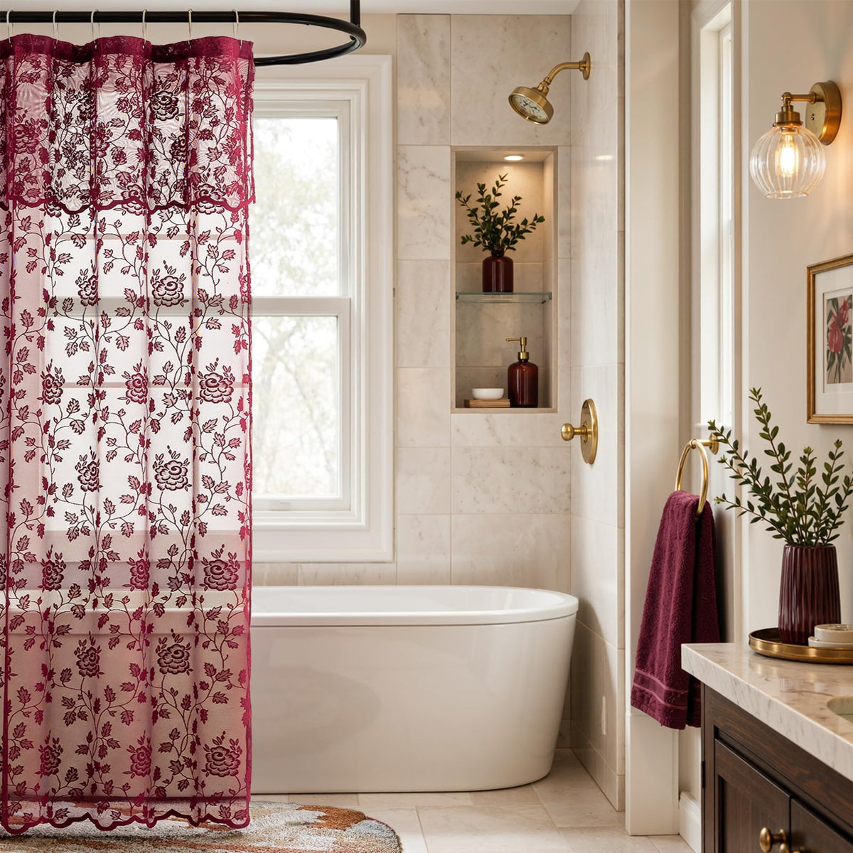 Black Lace Shower Curtain with Attached Valance, 72 x 72 Inch, 1 Panel