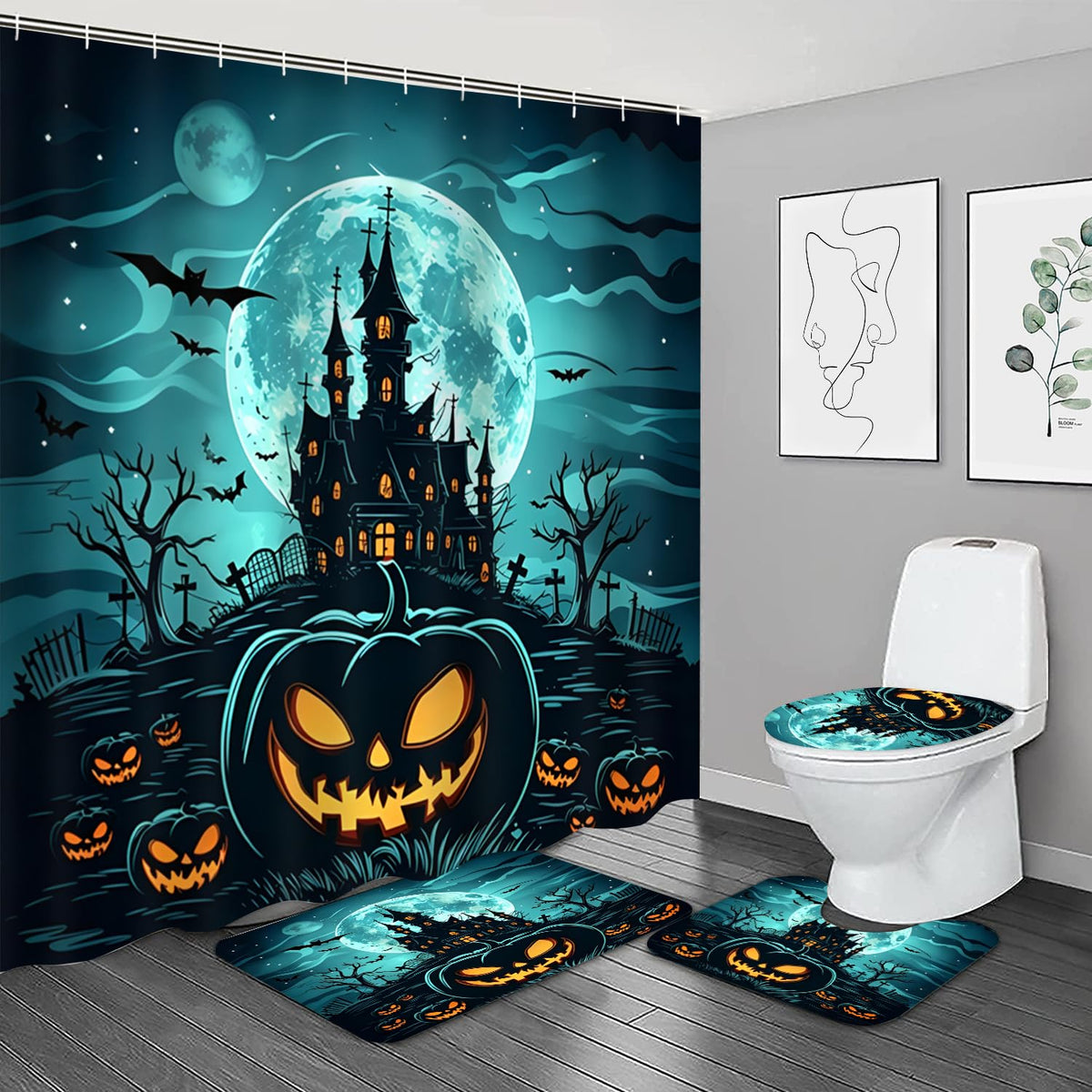 NBVKO 4PCS Black Oil Painting Style Shower Curtain Set with Non-Slip Rugs,Toilet Lid Cover and Bath Mat,Bathroom Decor Accessory Set