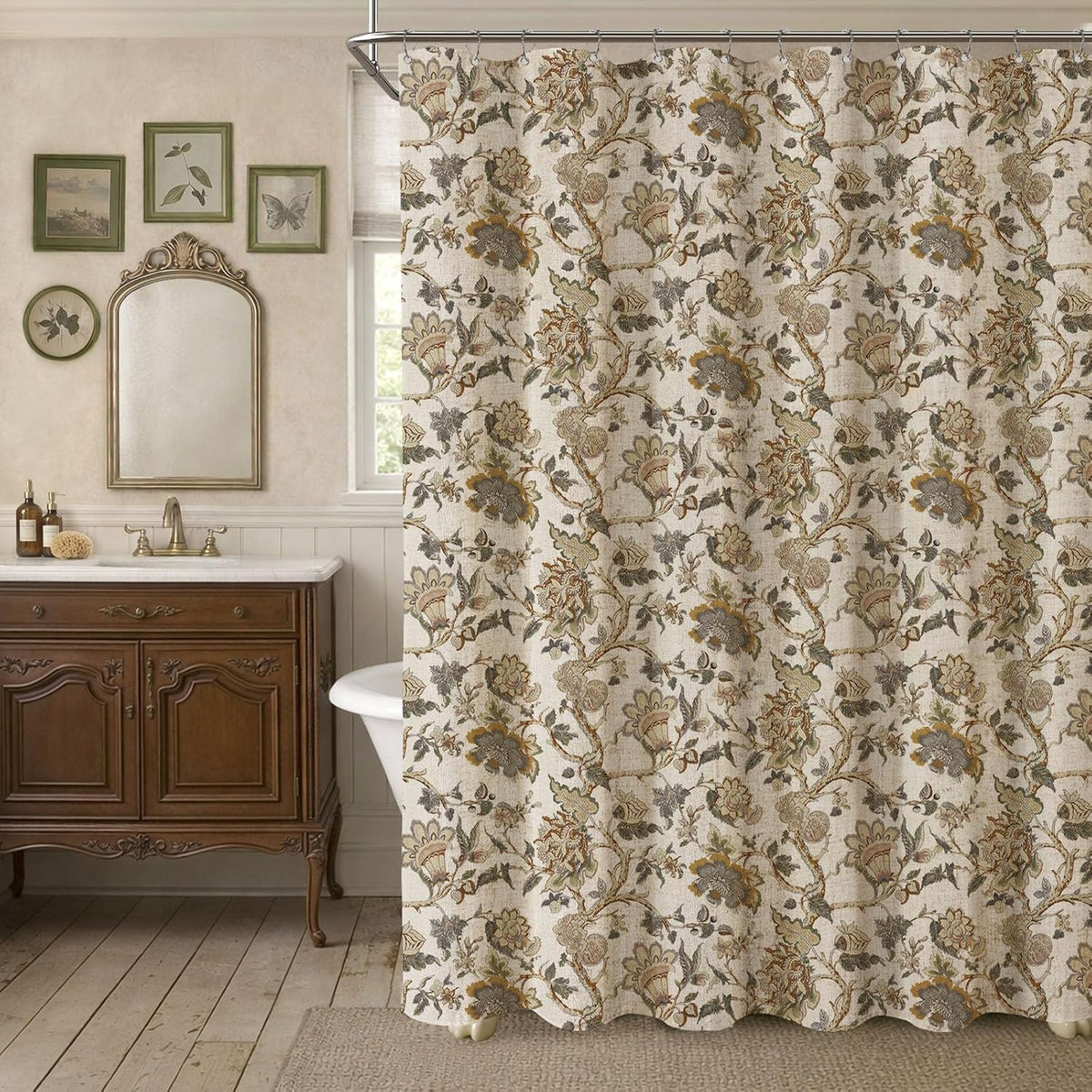 Brown Vintage Floral Shower Curtain for Bathroom,72W*72H Inch