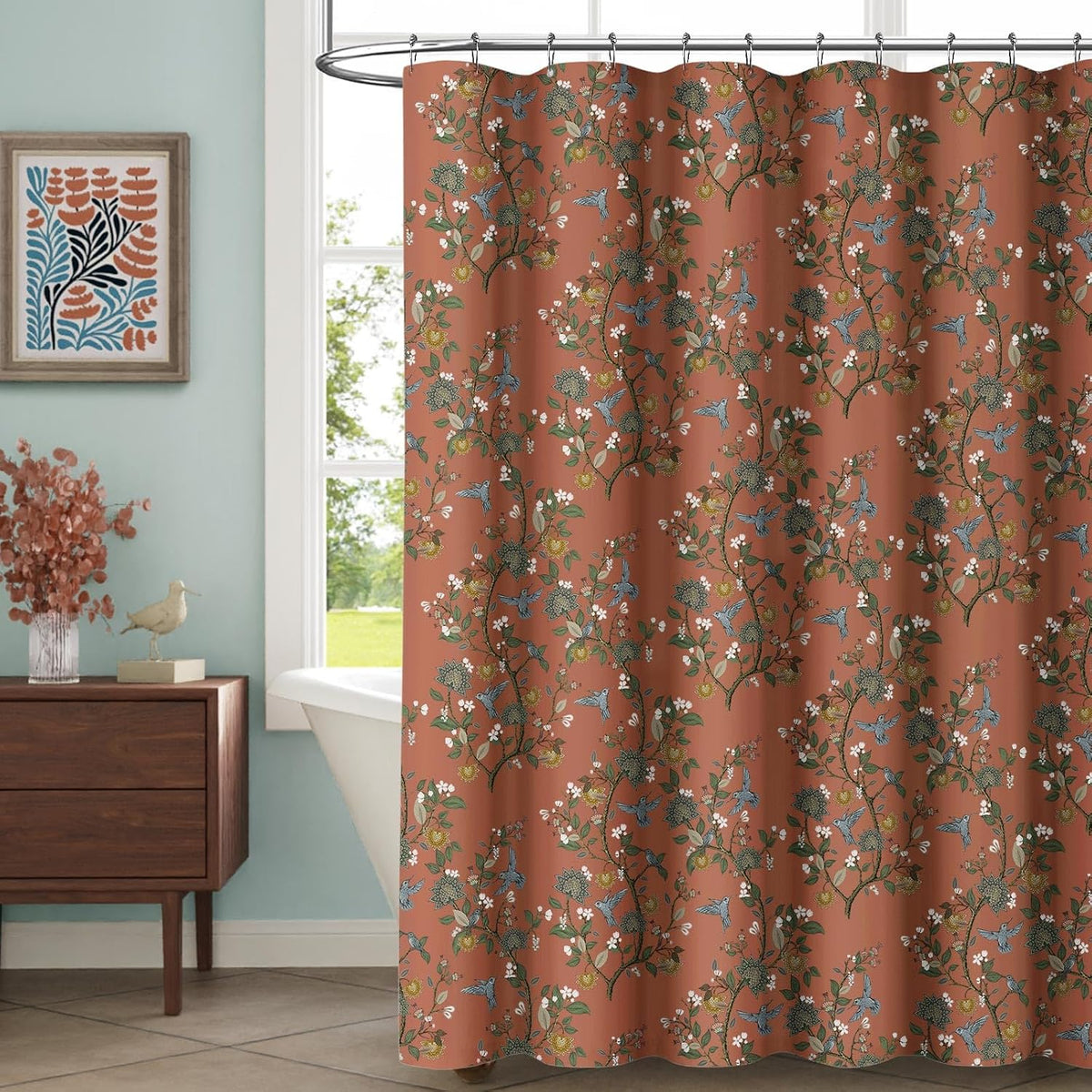 Floral Terracotta Boho Shower Curtain,Vintage Anthropologie Linen Shower Curtains for Bathroom,72Wx72H