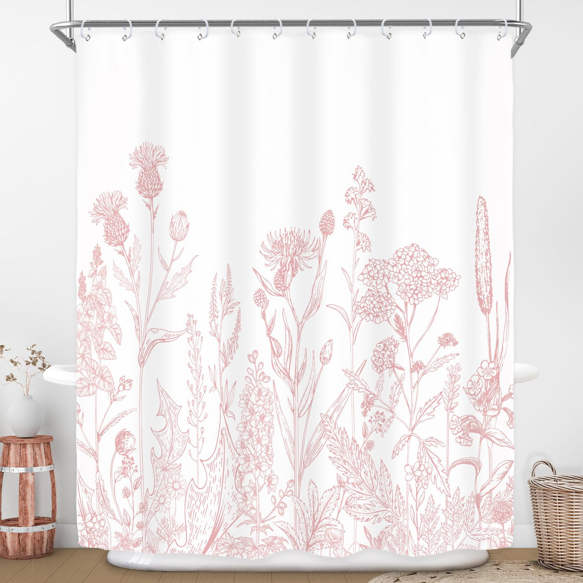 Sage Green Floral Wildflower Plant Herbs Nature Bathroom Shower Curtain Set