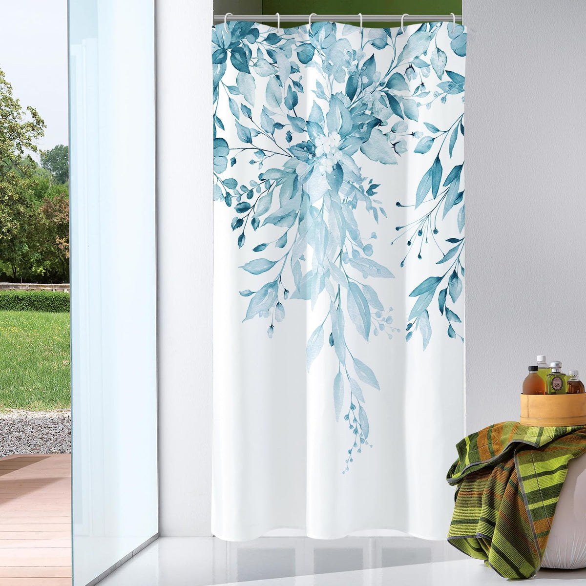 Gibelle Olive Green Eucalyptus Shower Curtain, Floral Print, 72x72