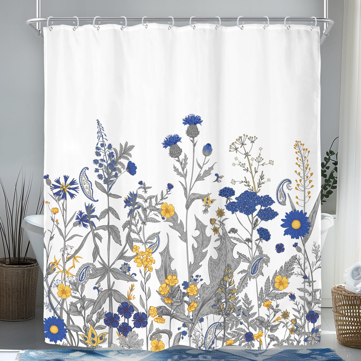 Sage Green Floral Wildflower Plant Herbs Nature Bathroom Shower Curtain Set