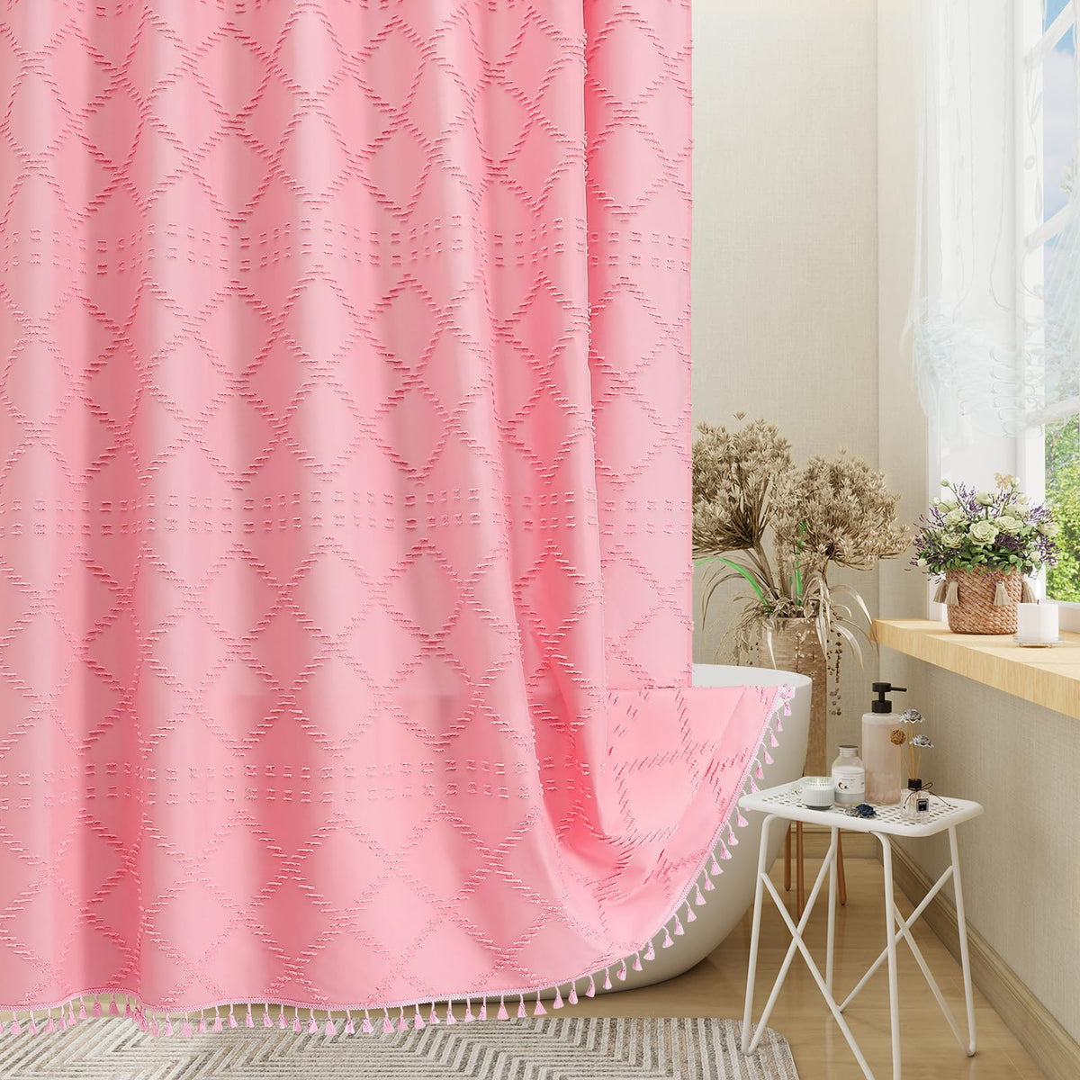 Blue Boho Woven Fabric Shower Curtain with Tassel 72 x 72, Tufted Textured