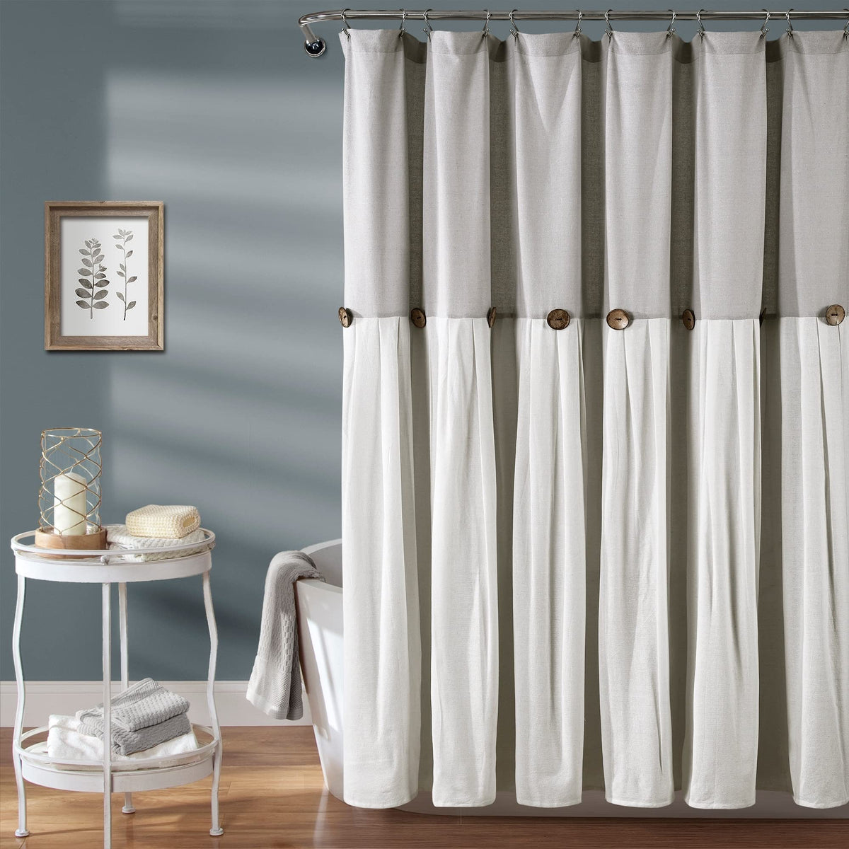 Lush Decor Linen Button Shower Curtain, 72" W x 72" L, Linen - Neural Shower Curtain Fabric - Bathroom Curtain - Farmhouse Bathroom Decor