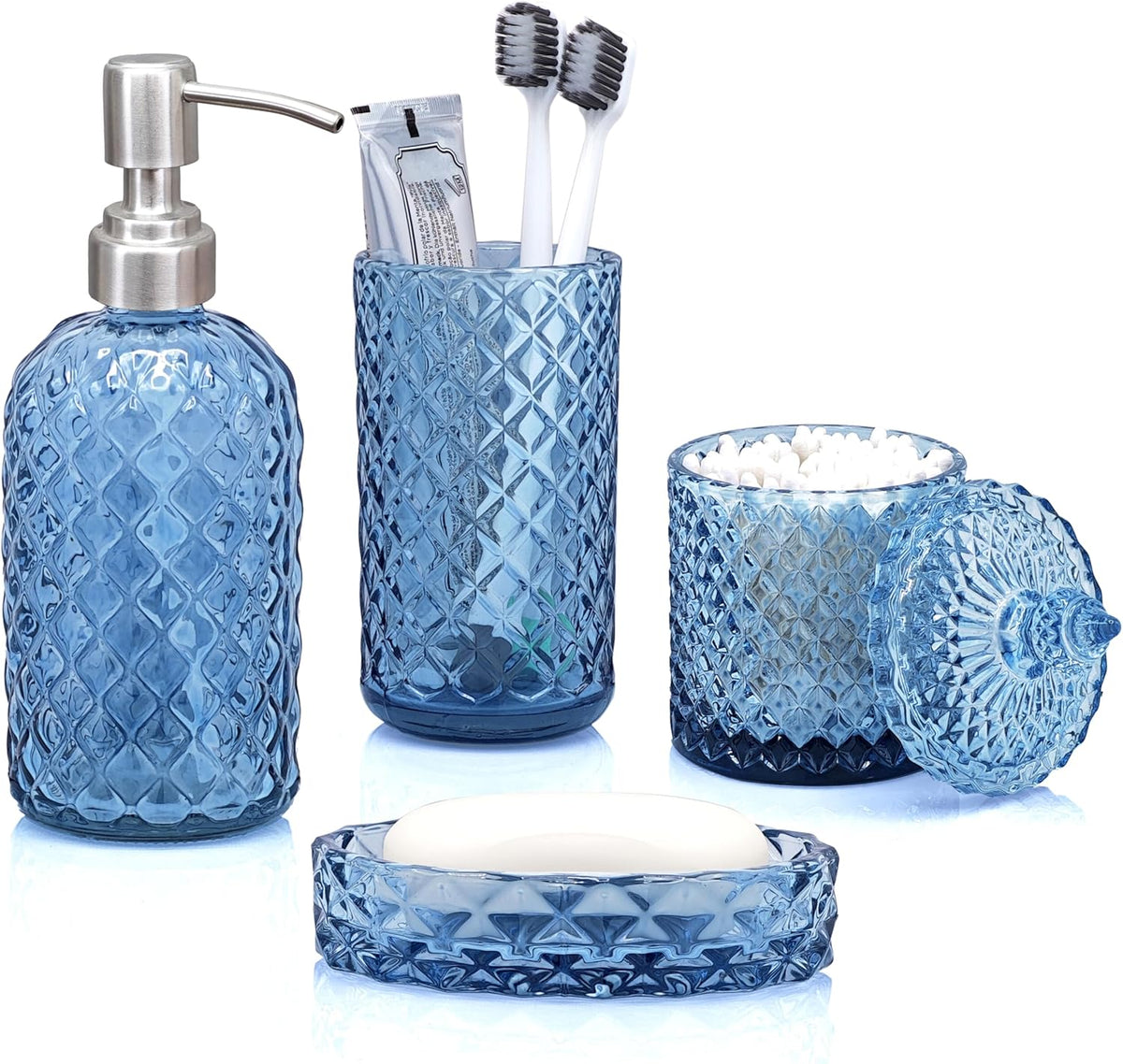 LaMarriti Blue Bathroom Accessories Set, 4Pcs Clear Glass Bathroom Set