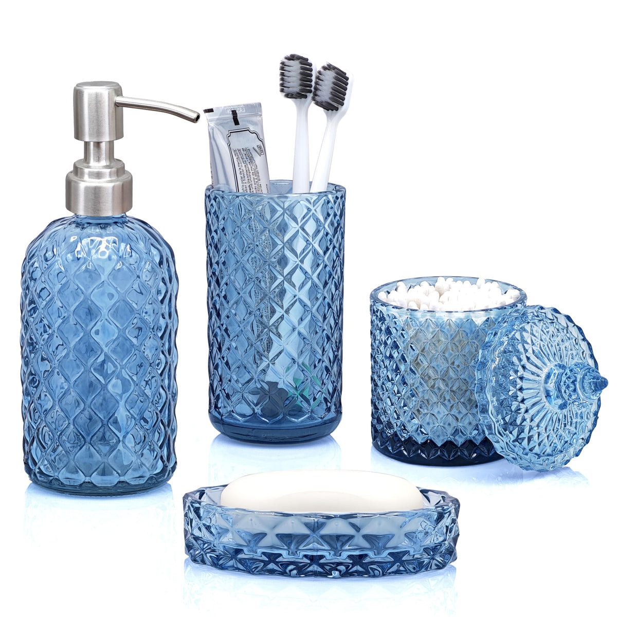 LaMarriti Blue Bathroom Accessories Set, 4Pcs Clear Glass Bathroom Set