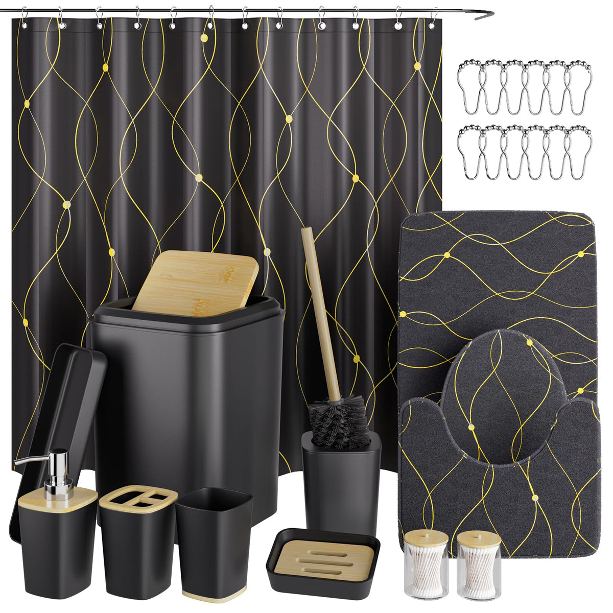 XLHOMO Bathroom Sets with Shower Curtain and Rugs,24PCS Black Bathroom Set Shower Curtain Set with Bathroom Trash Can Bathroom Accessories