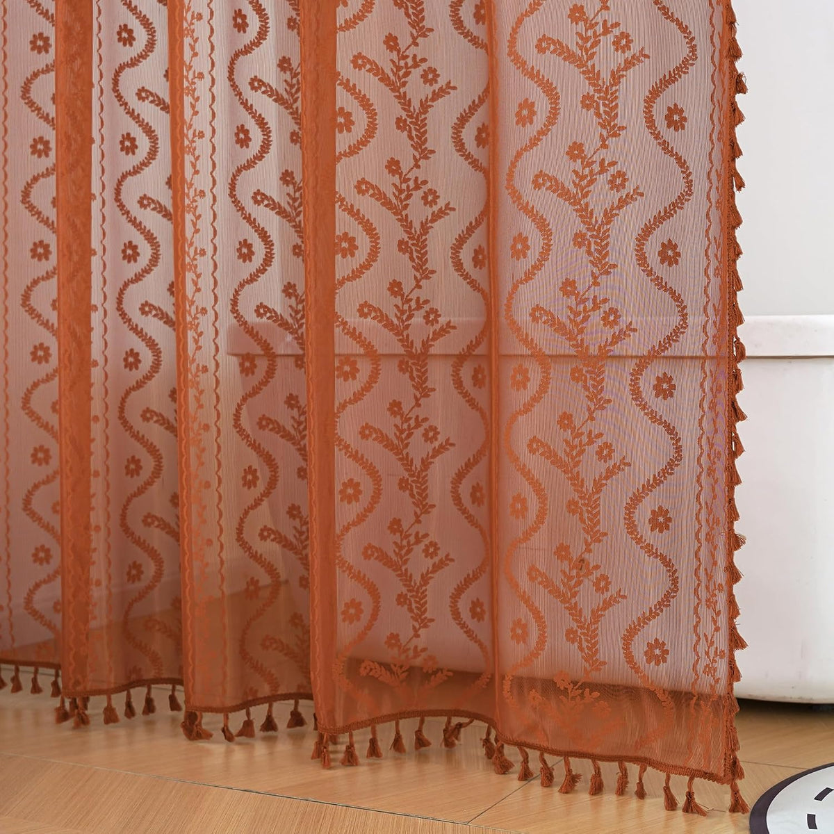 WAZZIO Terracotta Lace Shower Curtain for Bathroom 72" W x 84" L, Victorian Farmhouse Floral Pattern Tassel Fancy Shower Curtain Boho Washable Cloth Decorative Bath Curtains,1 Panel