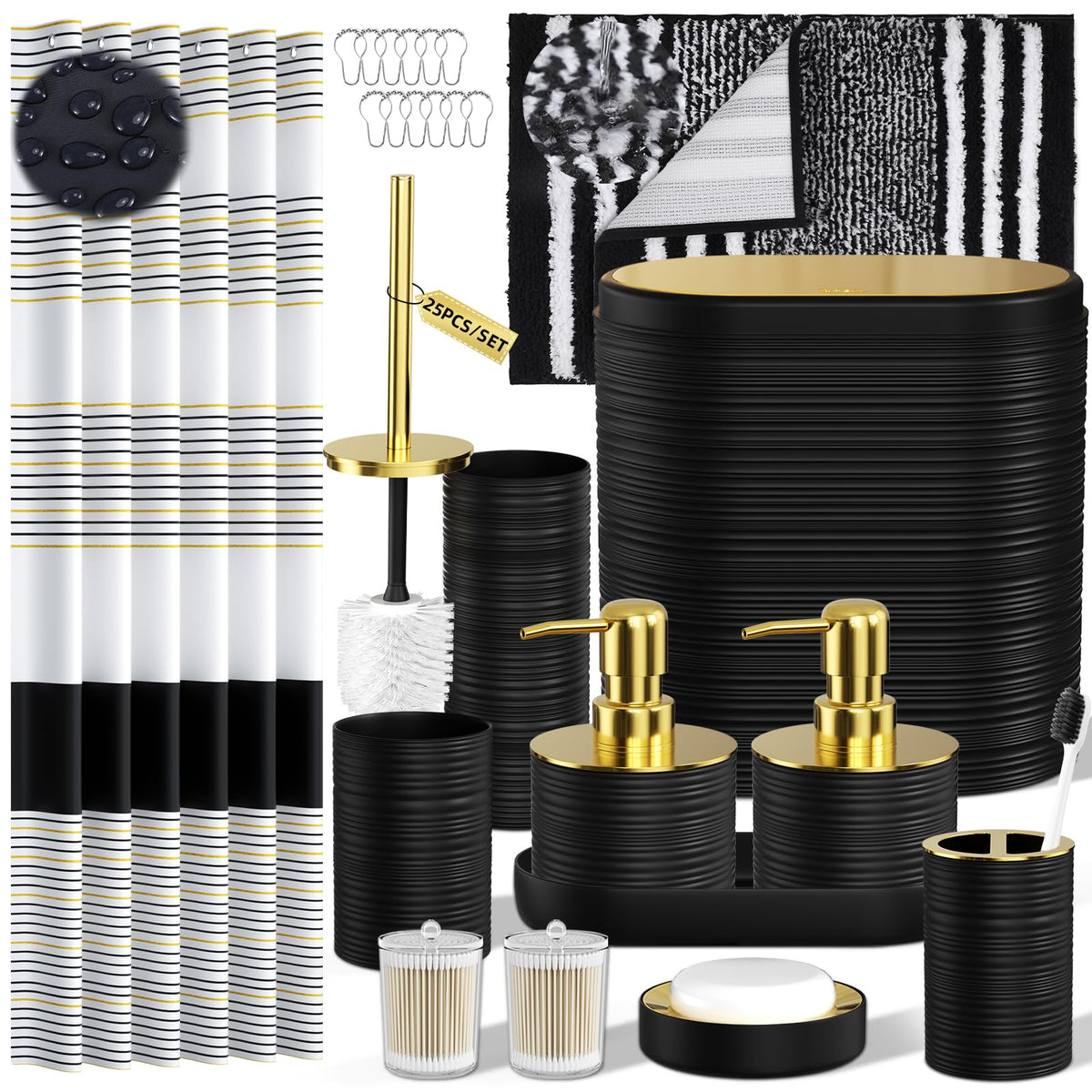 Bathroom Set, 10PC Bathroom Accessory Set, Black Bathroom Accessories, Black and Gold Bathroom Set with Trash Can, Soap Dispensers