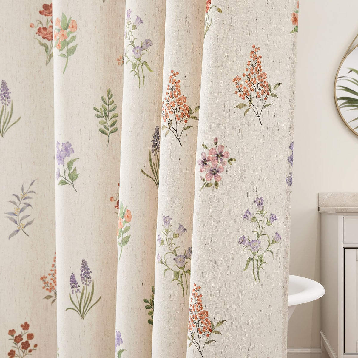 Floral Linen Shower Curtain, Spring Vintage Farmhouse Style, 72x72