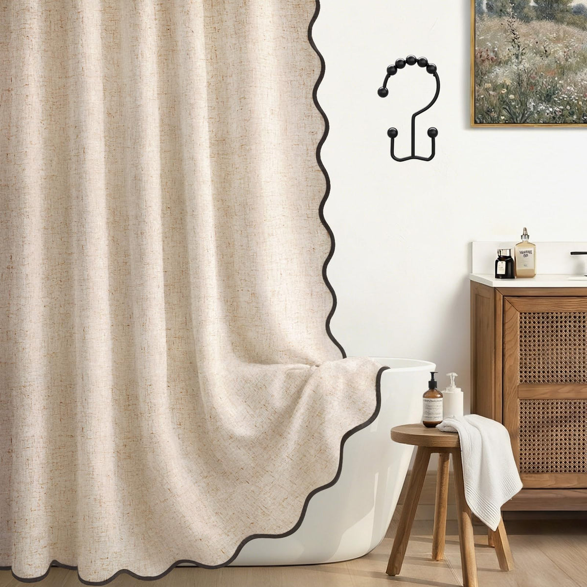 Scalloped Shower Curtain Linen Boho Beige 72" W x 72" L