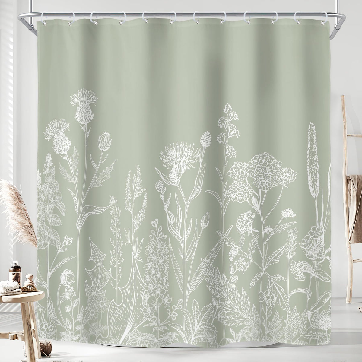 Sage Green Floral Wildflower Plant Herbs Nature Bathroom Shower Curtain Set