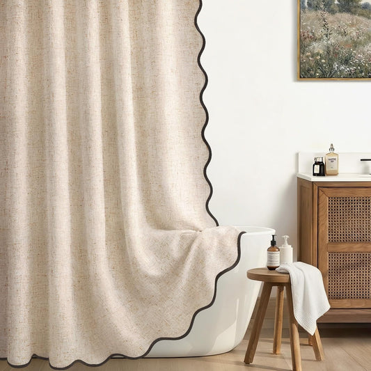 Scalloped Shower Curtain Linen Boho Beige 72" W x 72" L
