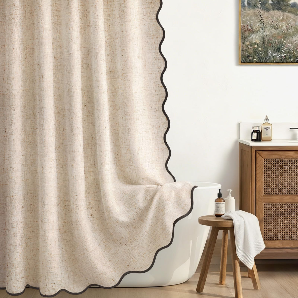 Scalloped Shower Curtain Linen Boho Beige 72" W x 72" L