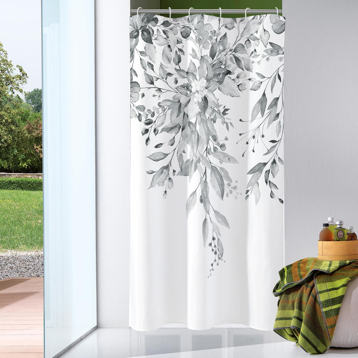 Gibelle Olive Green Eucalyptus Shower Curtain, Floral Print, 72x72