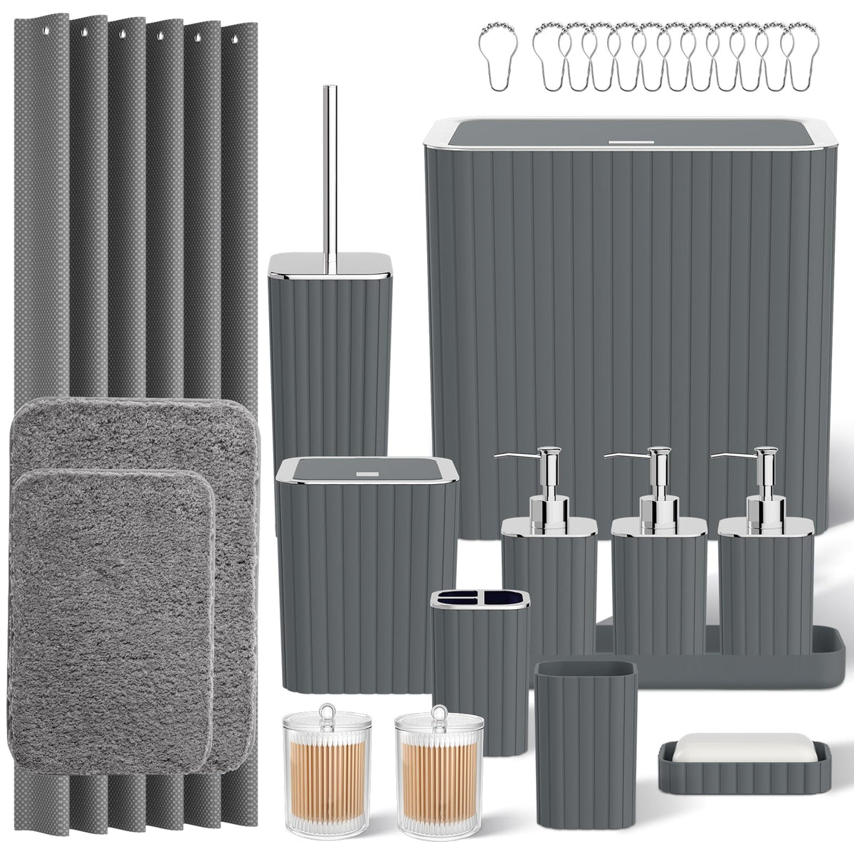 Bathroom Sets with Shower Curtain and Rugs - Elegant Bathroom Set, 27PC Bathroom Accessories Set, Green Bathroom Set, Mini Trash Can, Toilet Brush, Trash Can & Soap Dispenser