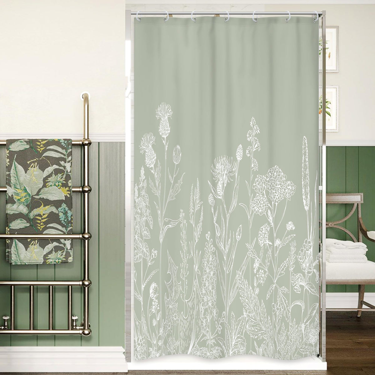 Sage Green Floral Wildflower Plant Herbs Nature Bathroom Shower Curtain Set