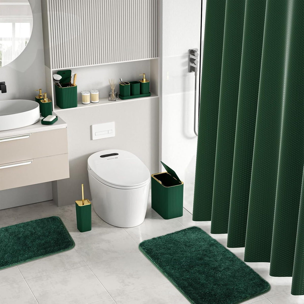 Bathroom Sets with Shower Curtain and Rugs - Elegant Bathroom Set, 27PC Bathroom Accessories Set, Green Bathroom Set, Mini Trash Can, Toilet Brush, Trash Can & Soap Dispenser