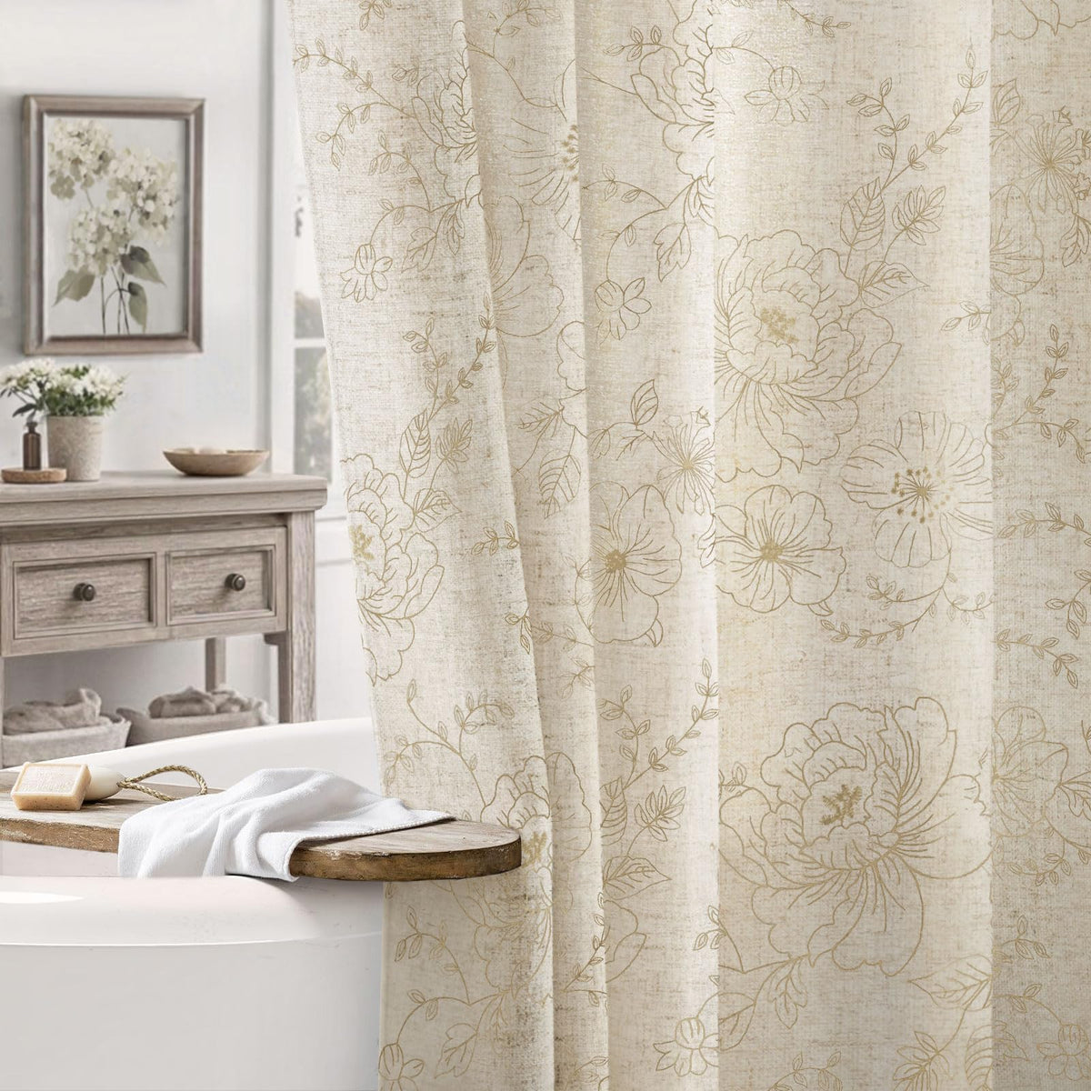 Farmhouse Floral Vintage Shower Curtain for Bathroom, Black and Tan Taupe