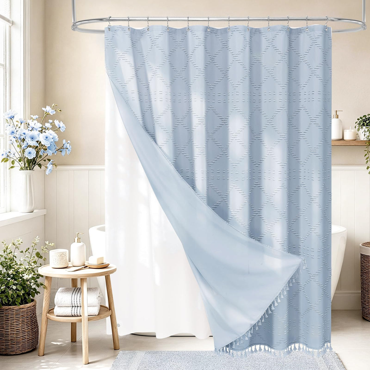 Blue Boho Woven Fabric Shower Curtain with Tassel 72 x 72, Tufted Textured