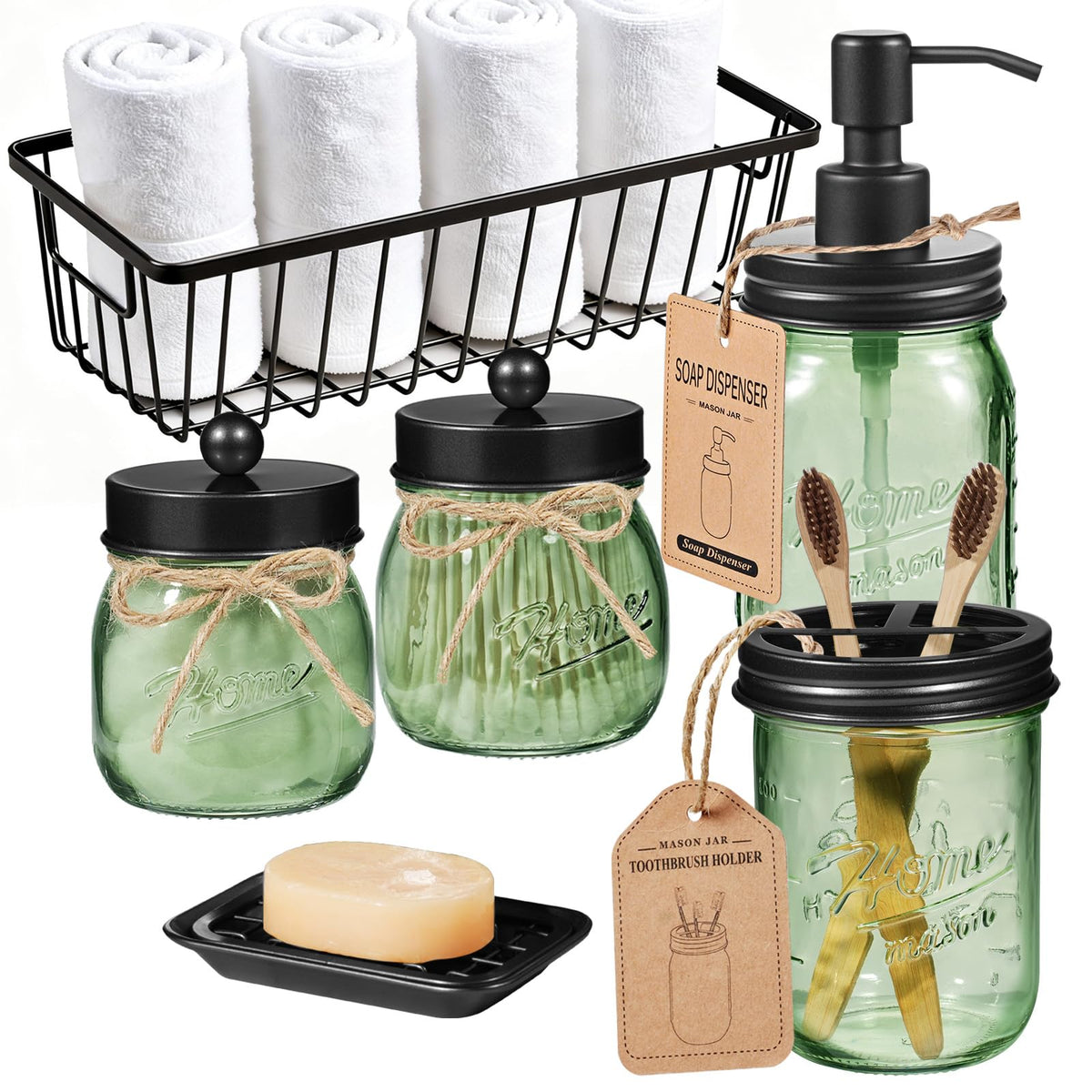 SheeChung Mason Jar Bathroom Accessories Set, 6Pcs Green Glass Bathroom Set