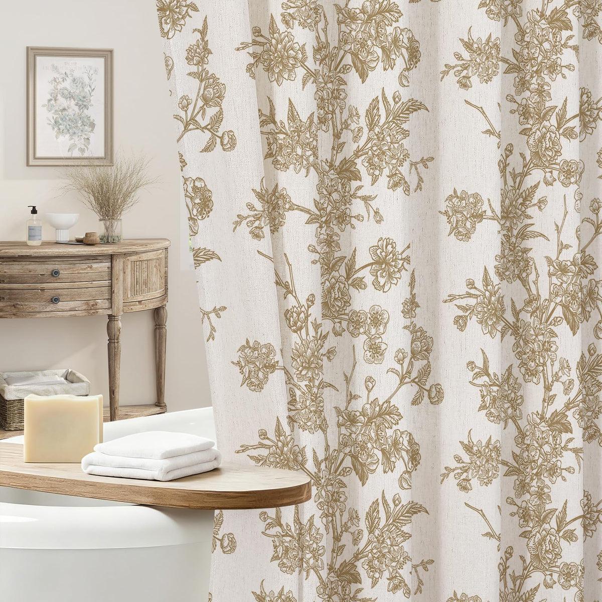 Sage Linen Farmhouse Shower Curtain, Vintage Boho Floral 72x72