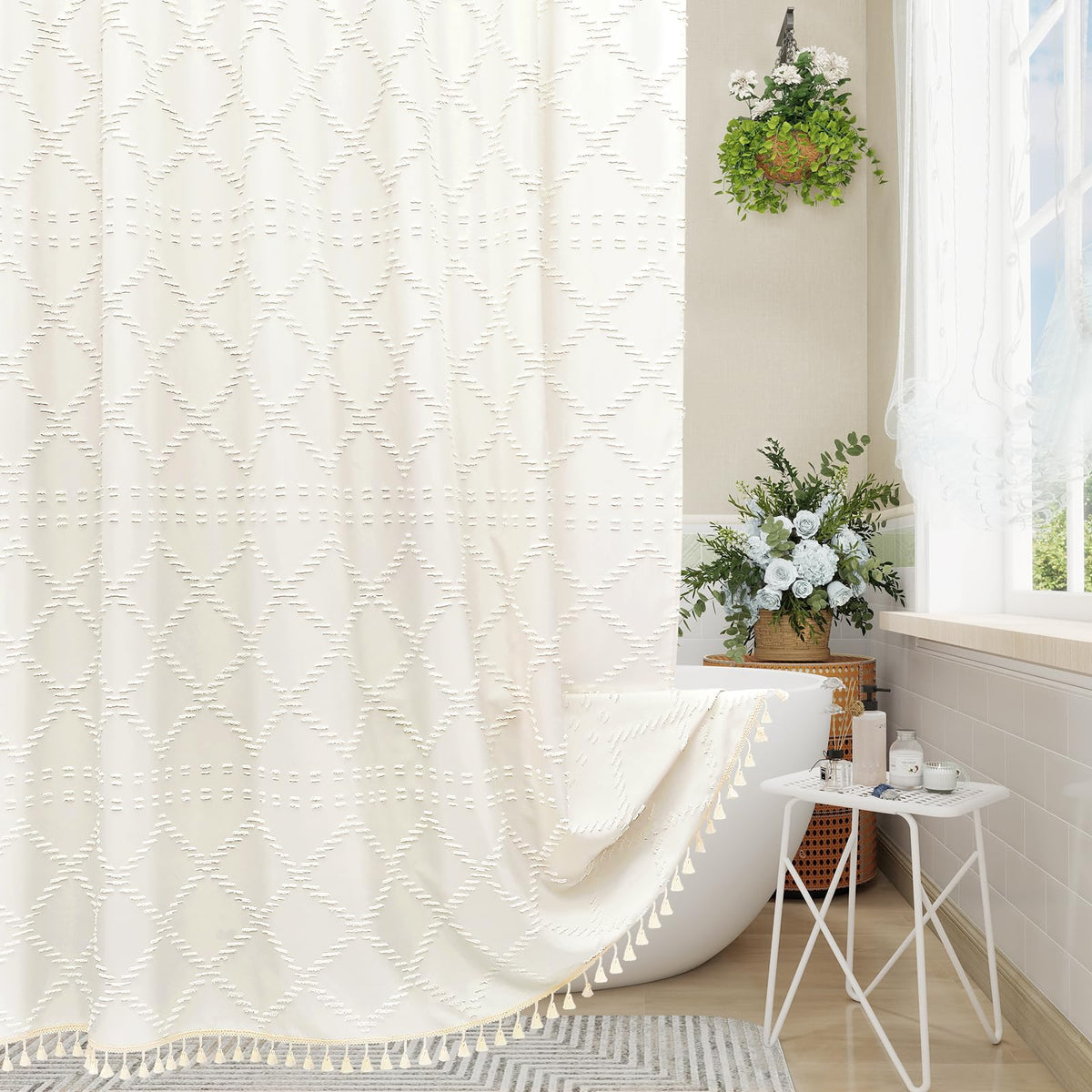 Blue Boho Woven Fabric Shower Curtain with Tassel 72 x 72, Tufted Textured